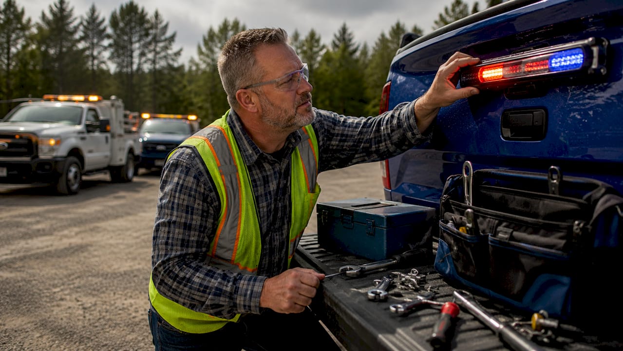 Fleet manager inspecting LED strobe light on truck