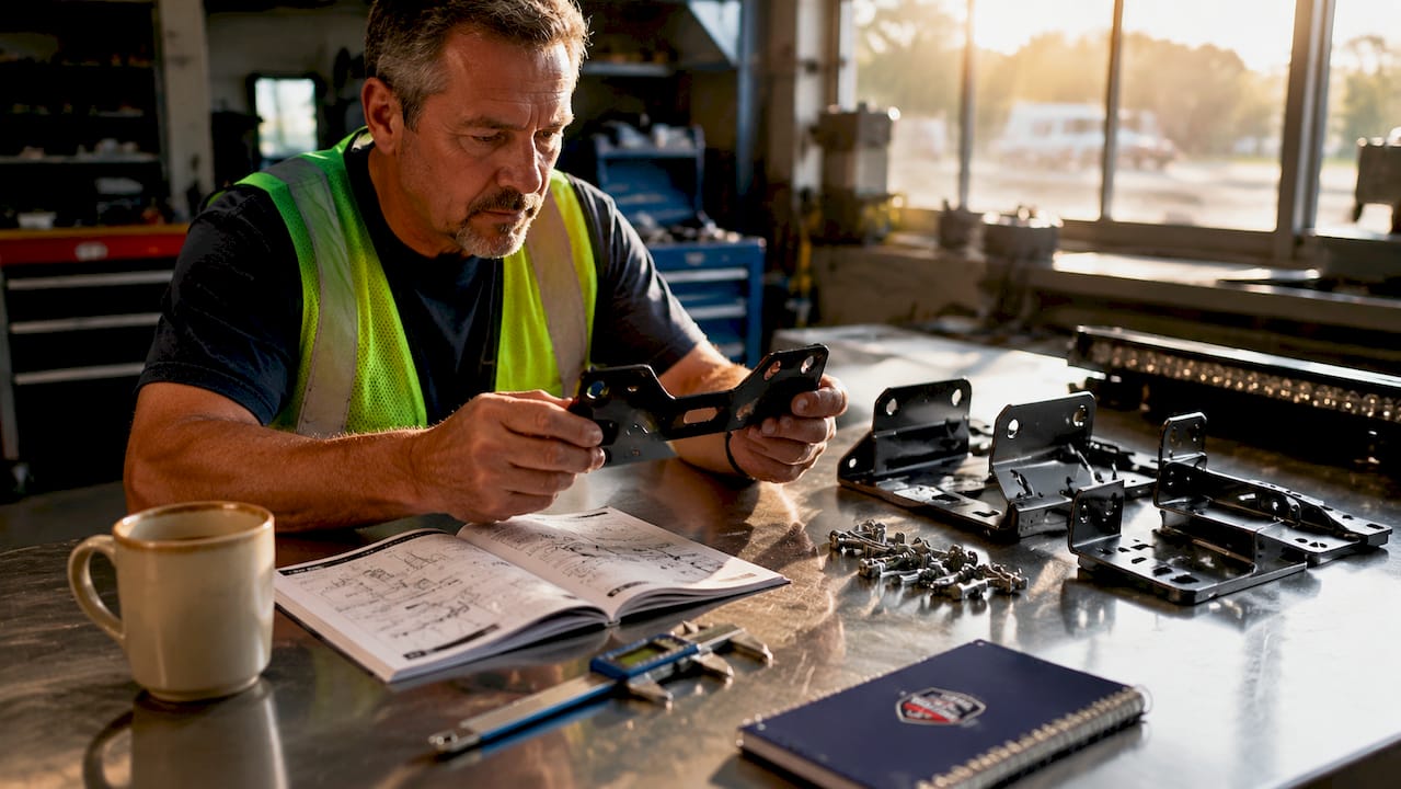 Technician inspecting light bar mounts at workshop bench