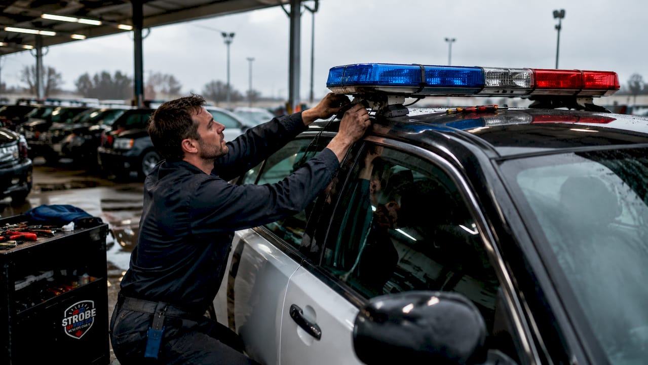 Technician installing police lights on car roof