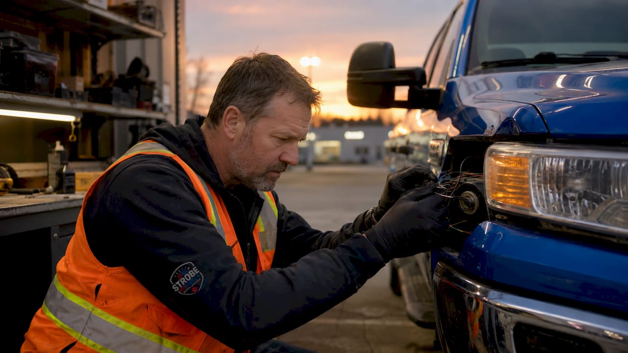 Mechanic inspecting vehicle headlight wiring