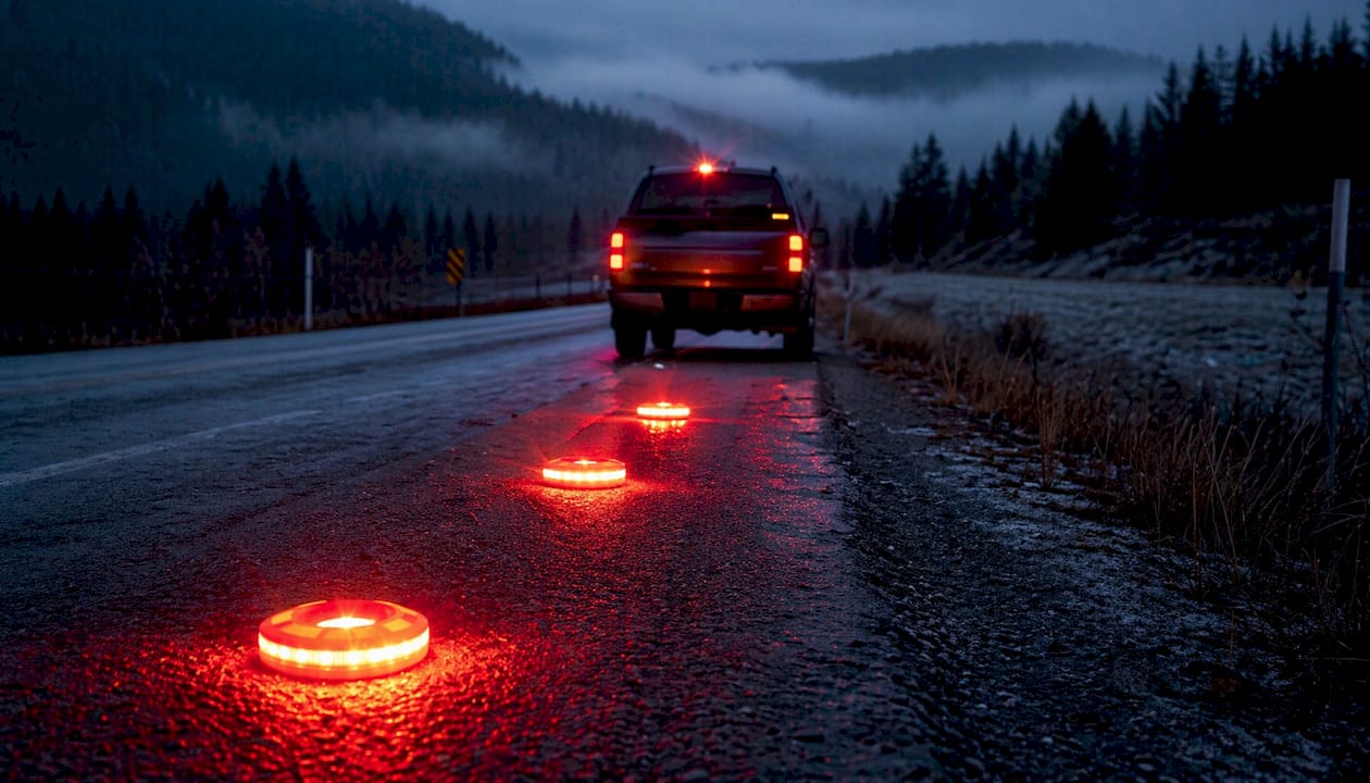 LED road flares glowing behind vehicle on roadside
