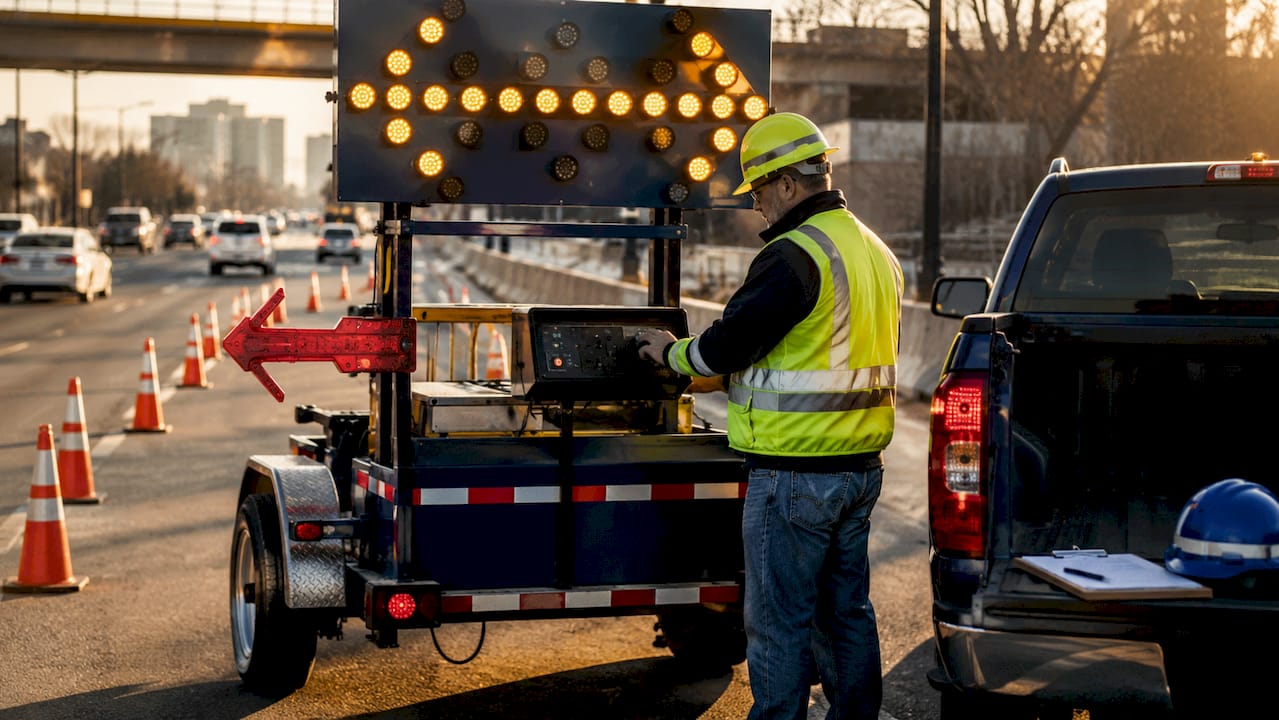 Technician checking portable LED arrow board at work zone