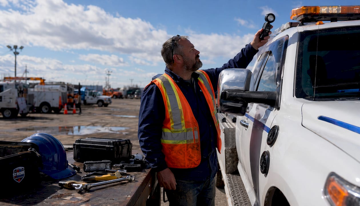 Tow operator inspects emergency vehicle light outdoors