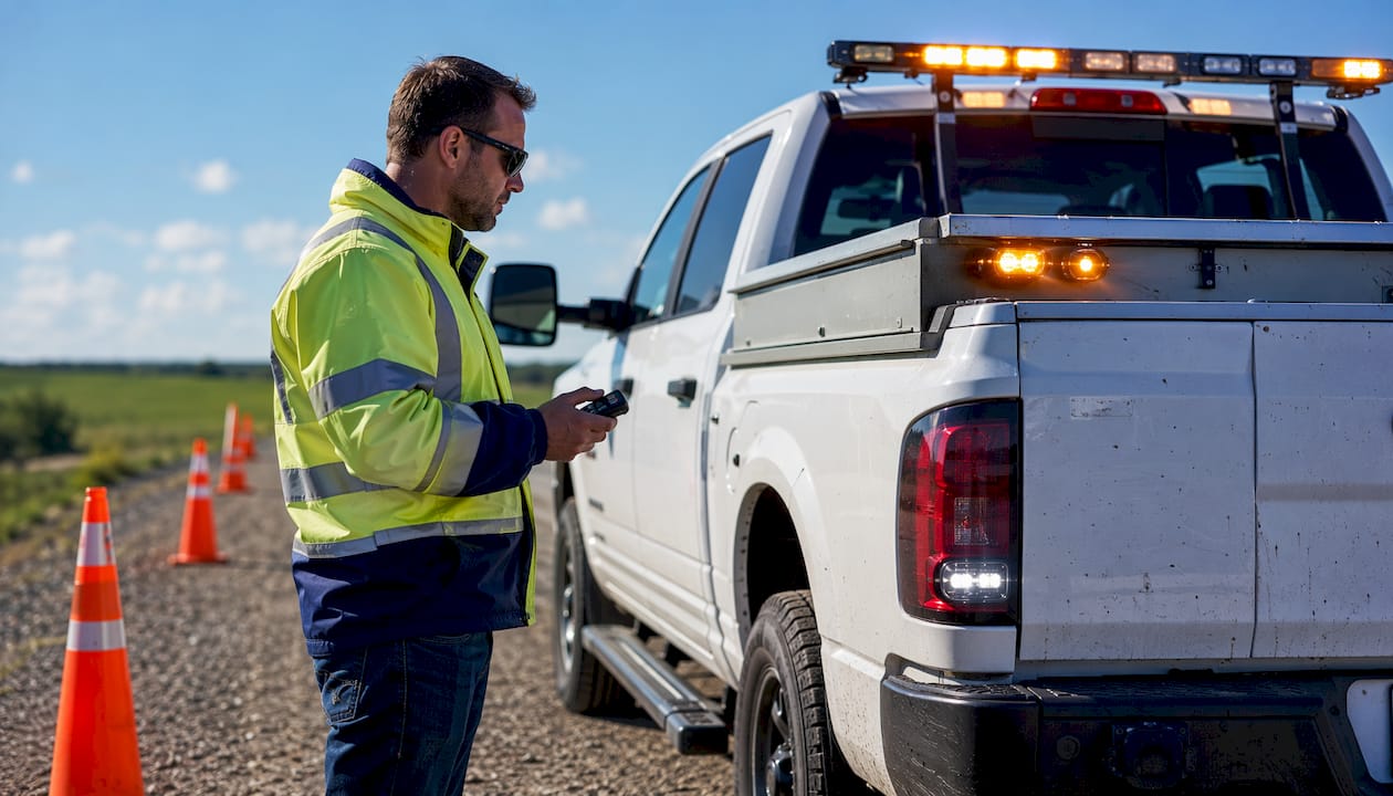 Professional inspecting vehicle strobe lights outdoors