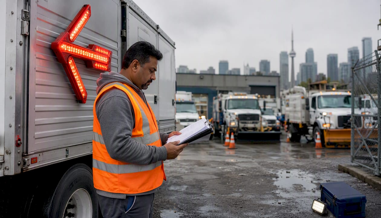 Fleet manager reviewing portable traffic arrow on highway