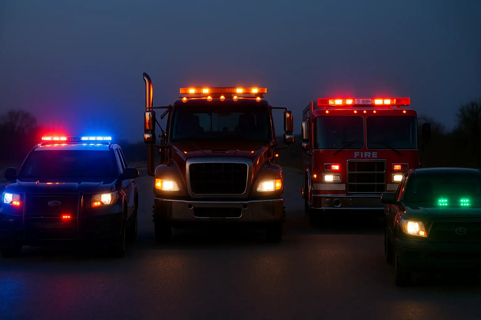 A lineup of a Police SUV with Red/Blue Lights, Tow Truck with Amber Lights, Fire Truck with Red/White lights and Pickup Truck w/ Green Dash Strobe.