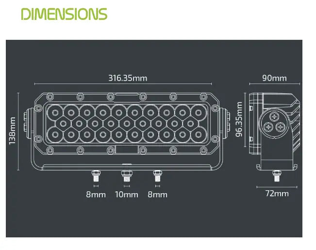 Noxsolis NX520 12.5″ × 4″ LED Work Light – 23,200 lm Flood (12–24V, 290 W).