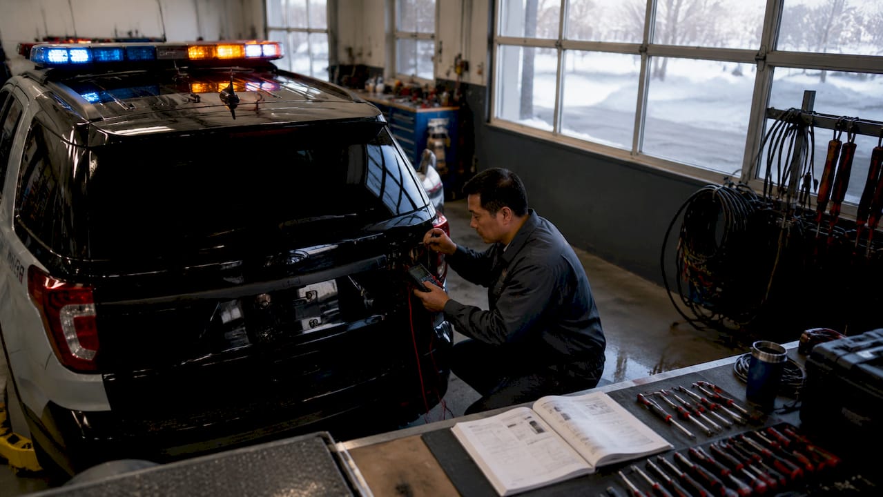 Technician inspecting emergency light wiring on police SUV