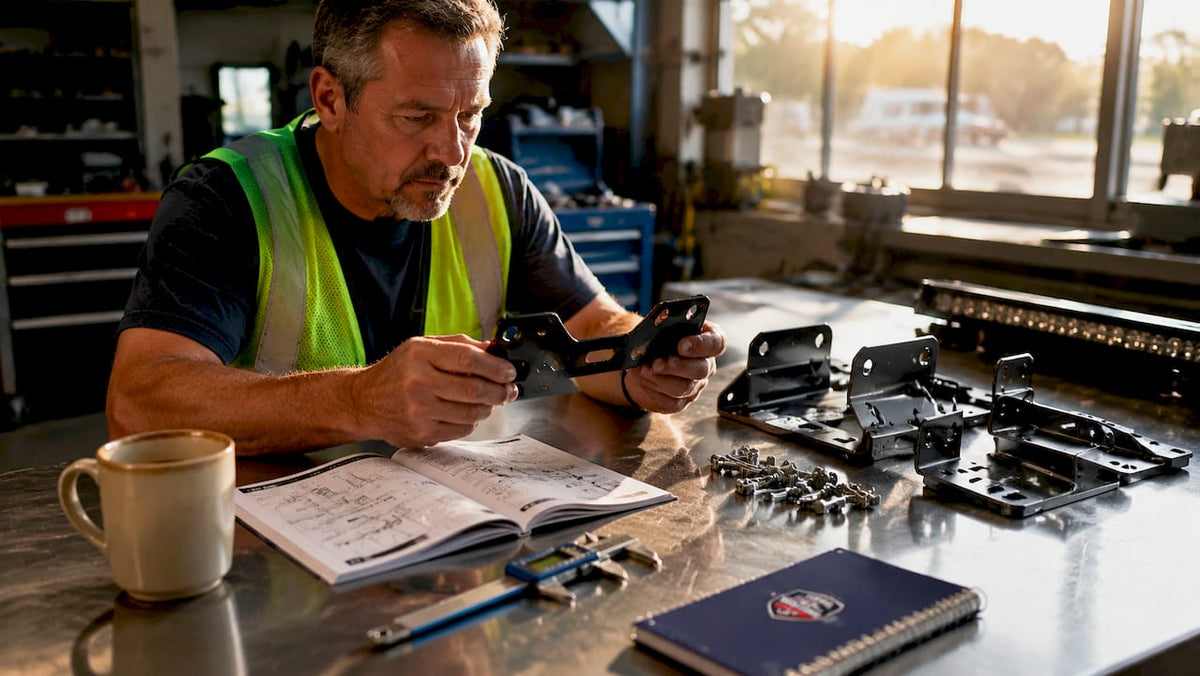 Technician inspecting light bar mounts at workshop bench