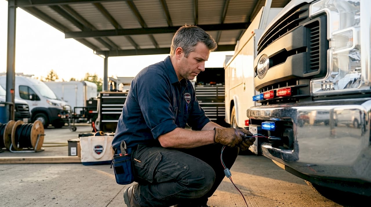 Technician installing vehicle emergency lights