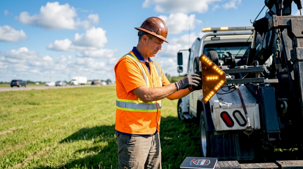 Roadside worker adjusting traffic advisor LED light bar
