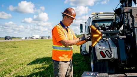 Roadside worker adjusting traffic advisor LED light bar