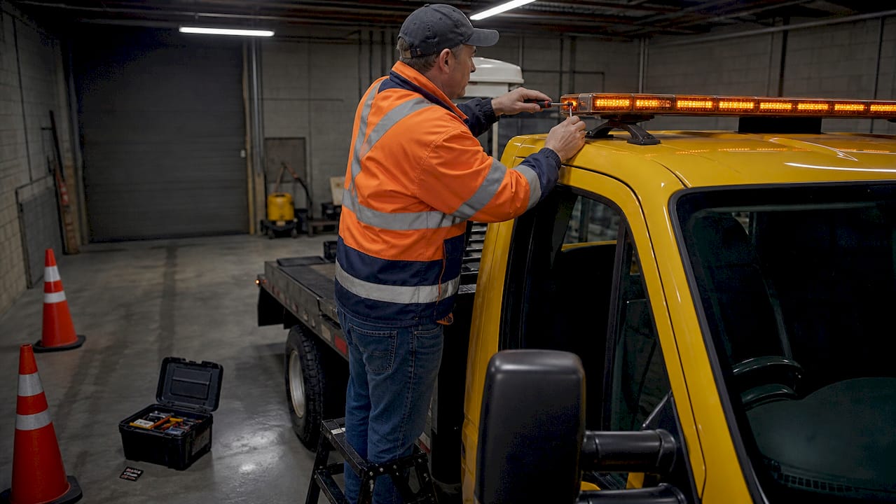 Tow truck operator installing amber light bar