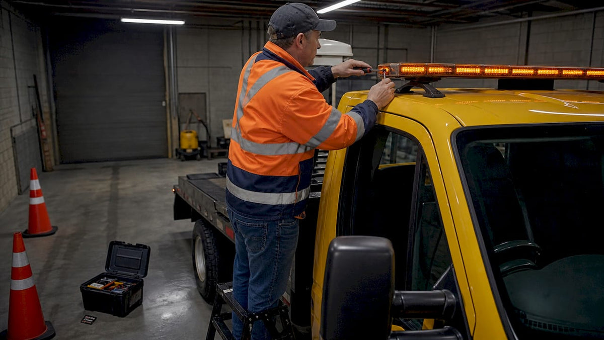 Tow truck operator installing amber light bar