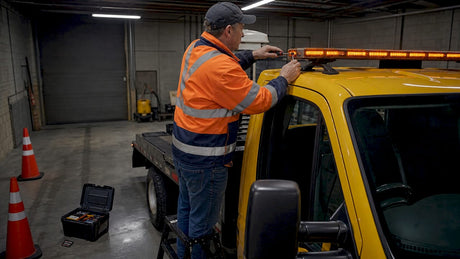 Tow truck operator installing amber light bar