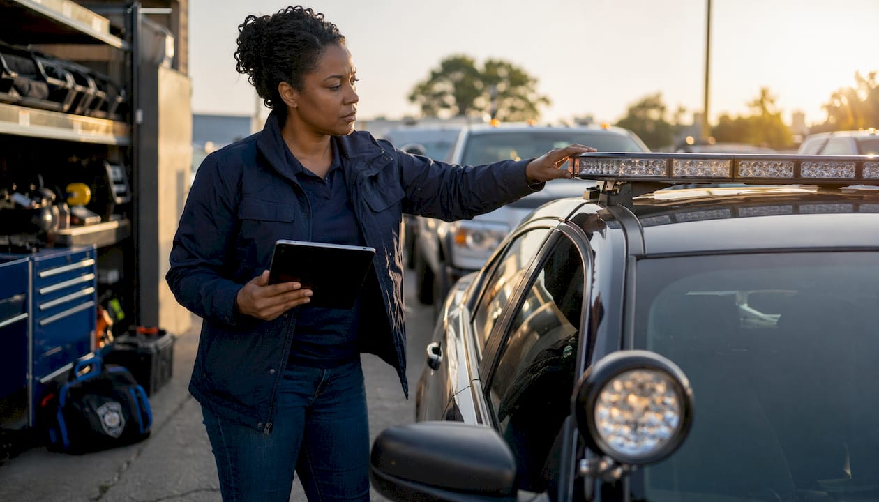 Fleet manager inspecting police vehicle lighting