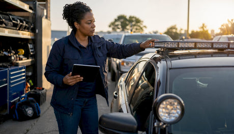 Fleet manager inspecting police vehicle lighting