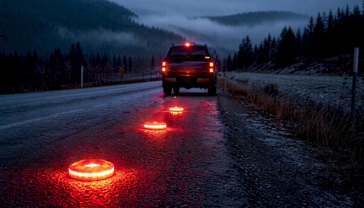 LED road flares glowing behind vehicle on roadside
