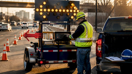 Technician checking portable LED arrow board at work zone