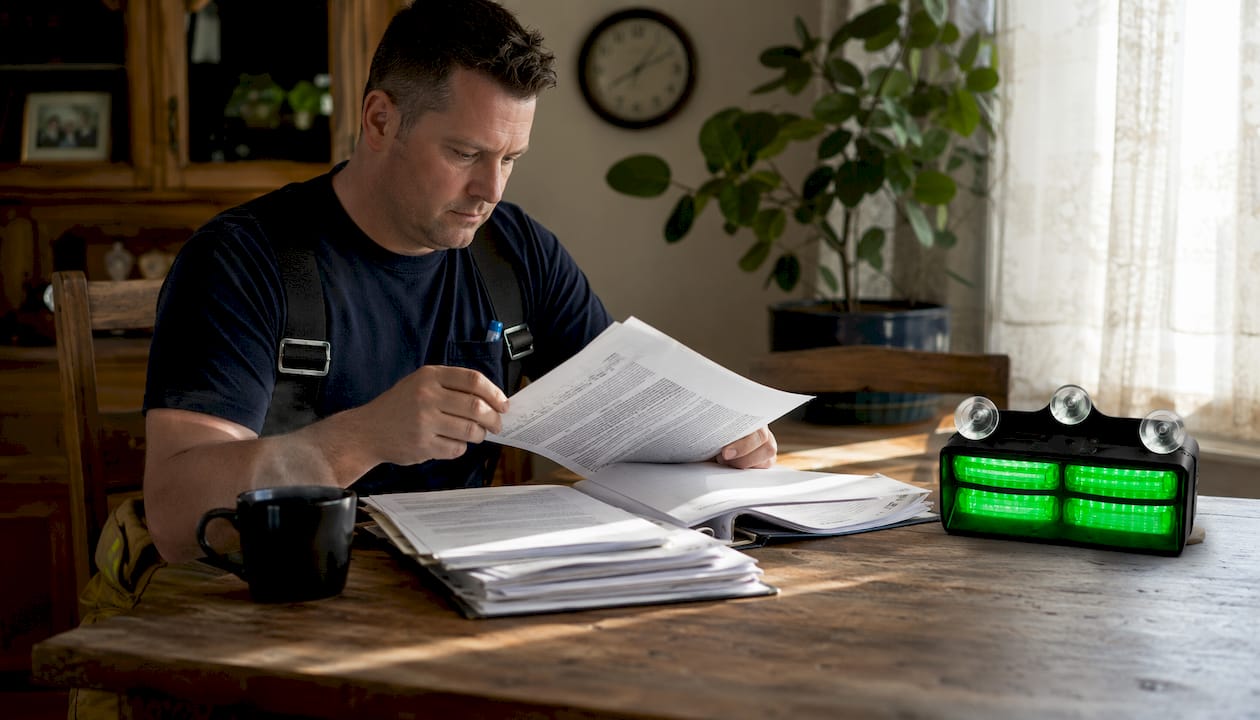 Volunteer firefighter reviewing lighting regulations
