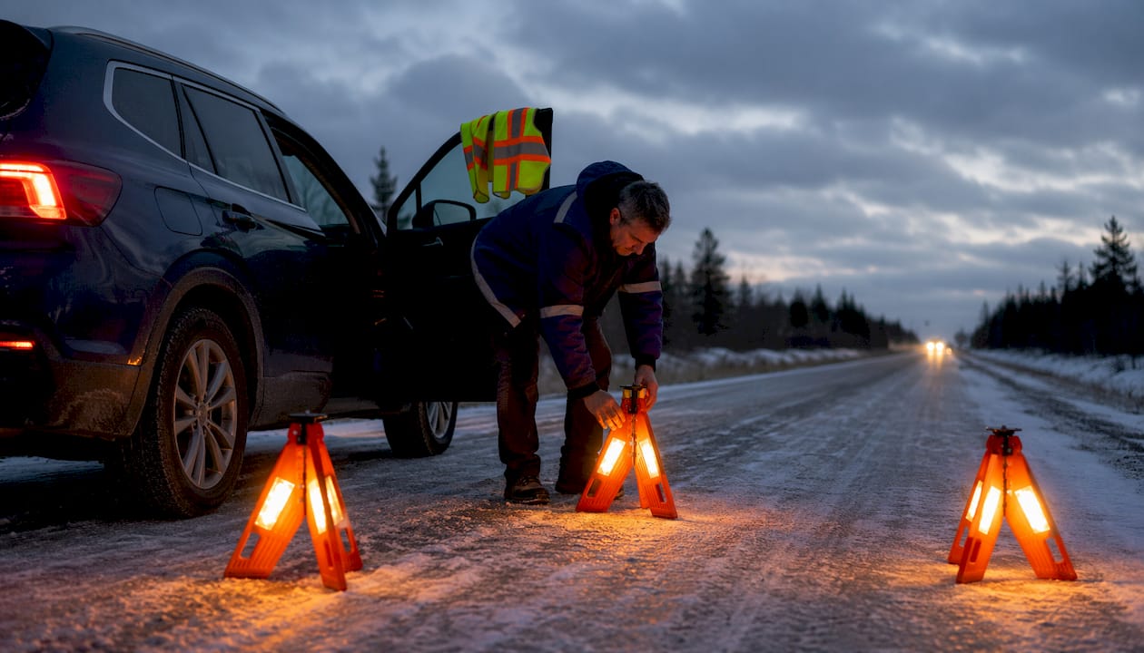 Canadian driver placing emergency LED lights roadside