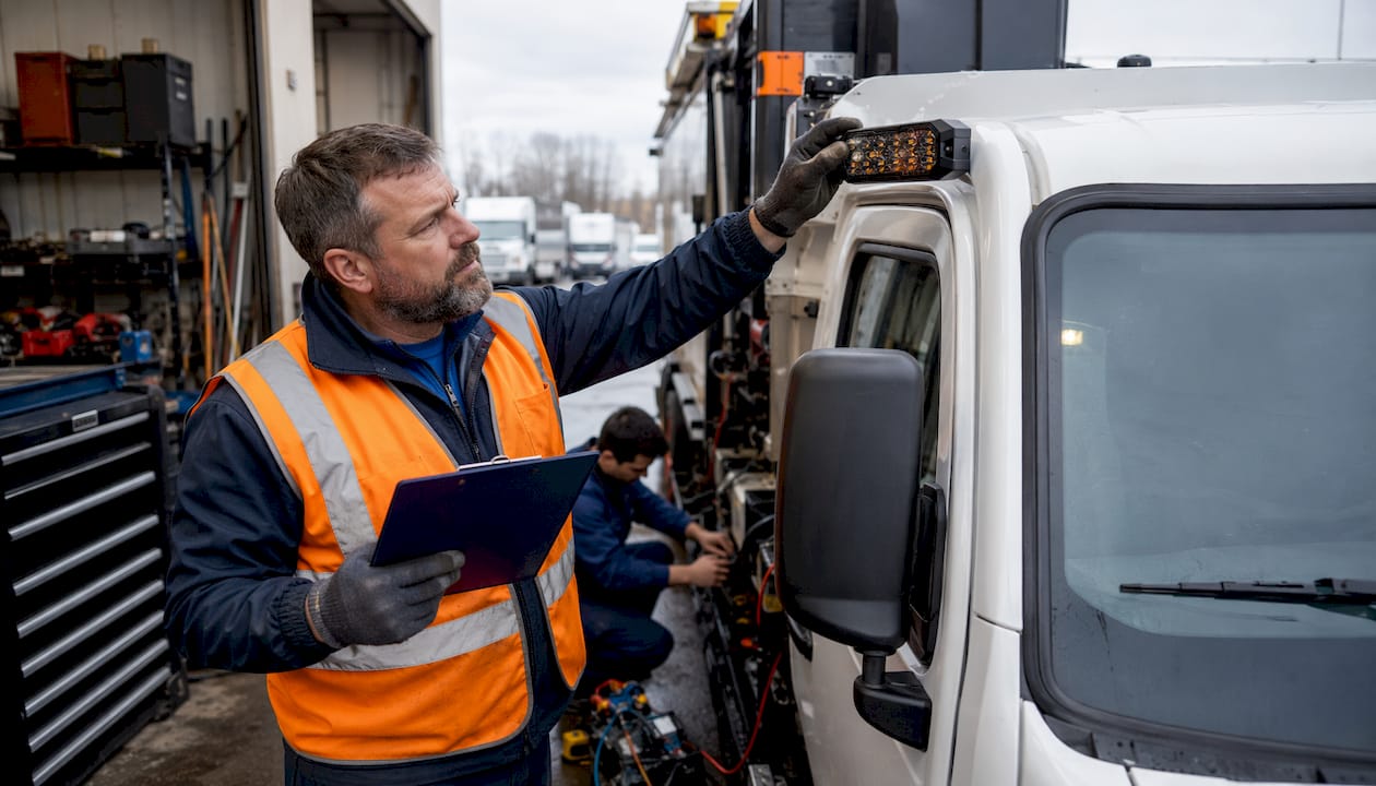 Fleet manager inspecting strobe light on utility truck