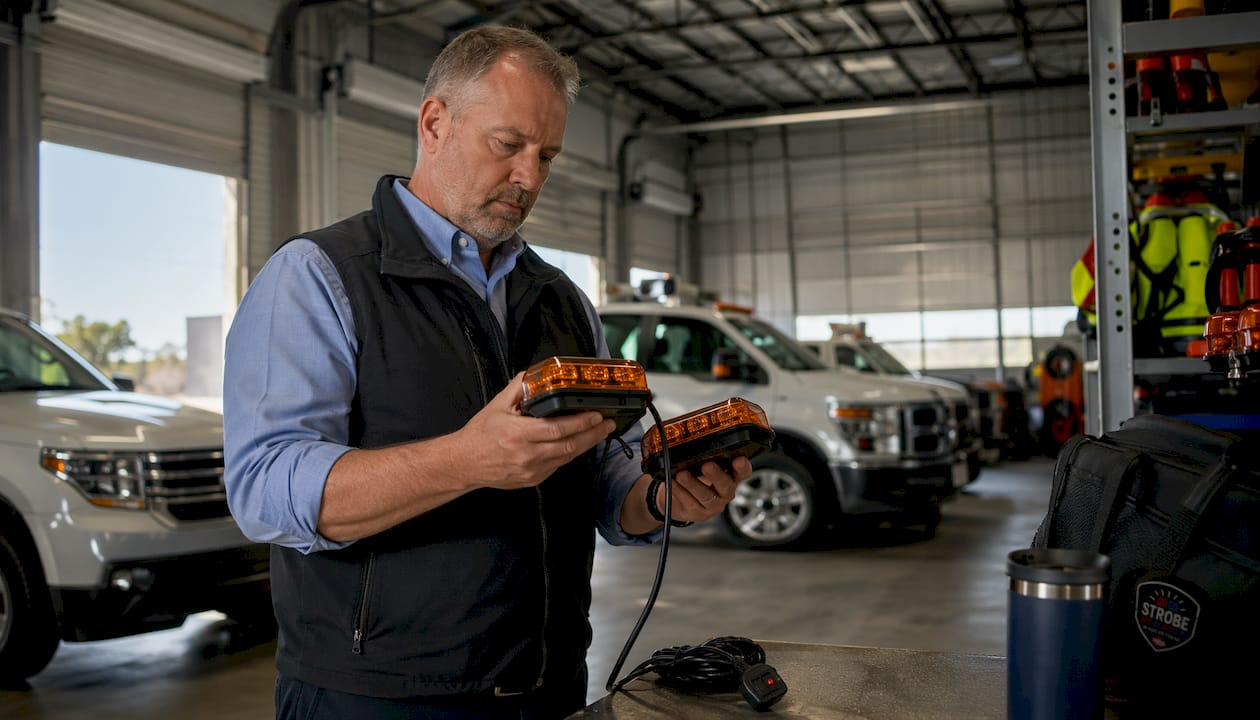 Fleet manager inspecting amber mini light bars