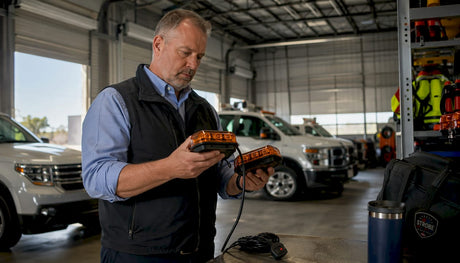Fleet manager inspecting amber mini light bars