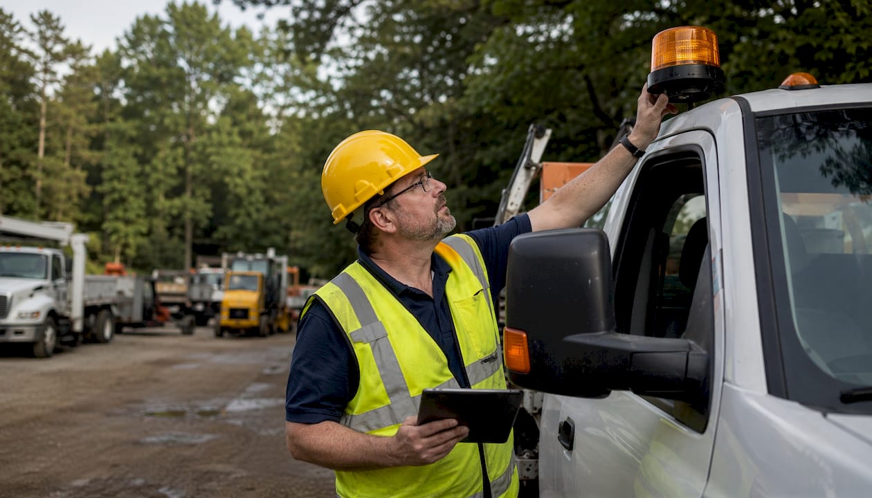 Fleet manager inspecting vehicle warning beacon