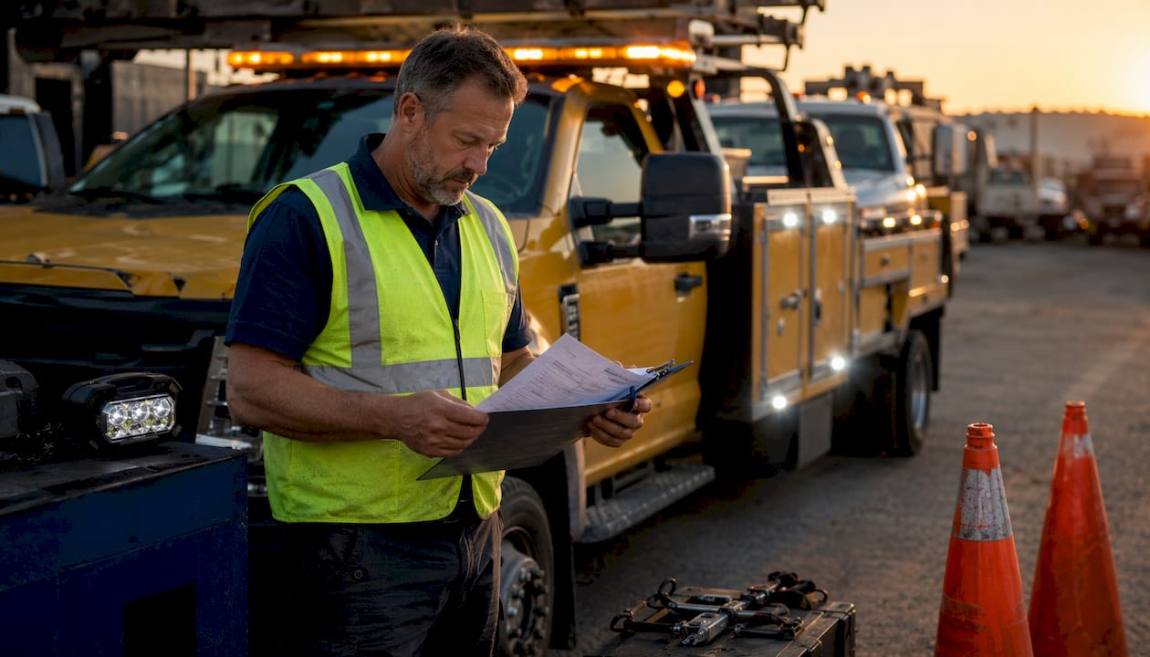 Fleet manager checking service truck light compliance checklist