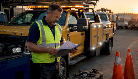 Fleet manager checking service truck light compliance checklist