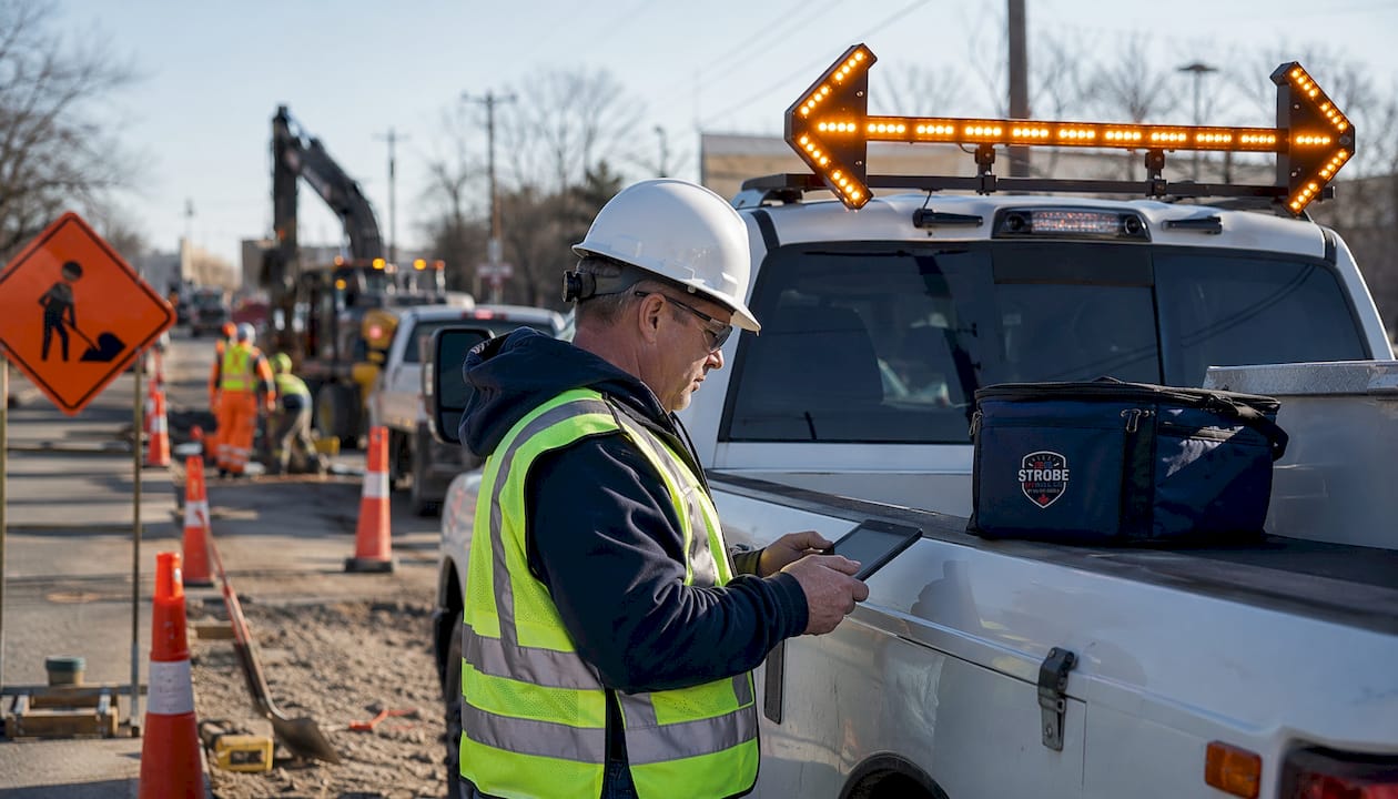 Technician inspecting strobe lights on construction truck