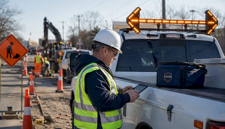 Technician inspecting strobe lights on construction truck