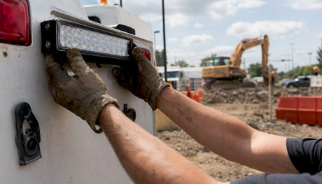 Hands installing LED work light on utility truck