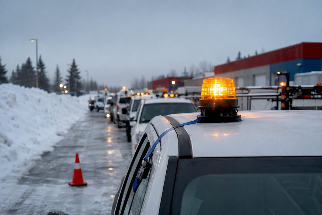 Amber roof beacon above snowy fleet vehicle
