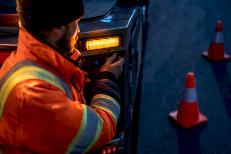 Tow operator checking amber roadside warning light
