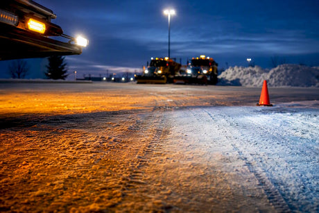 Amber and white warning light on snowy fleet lane