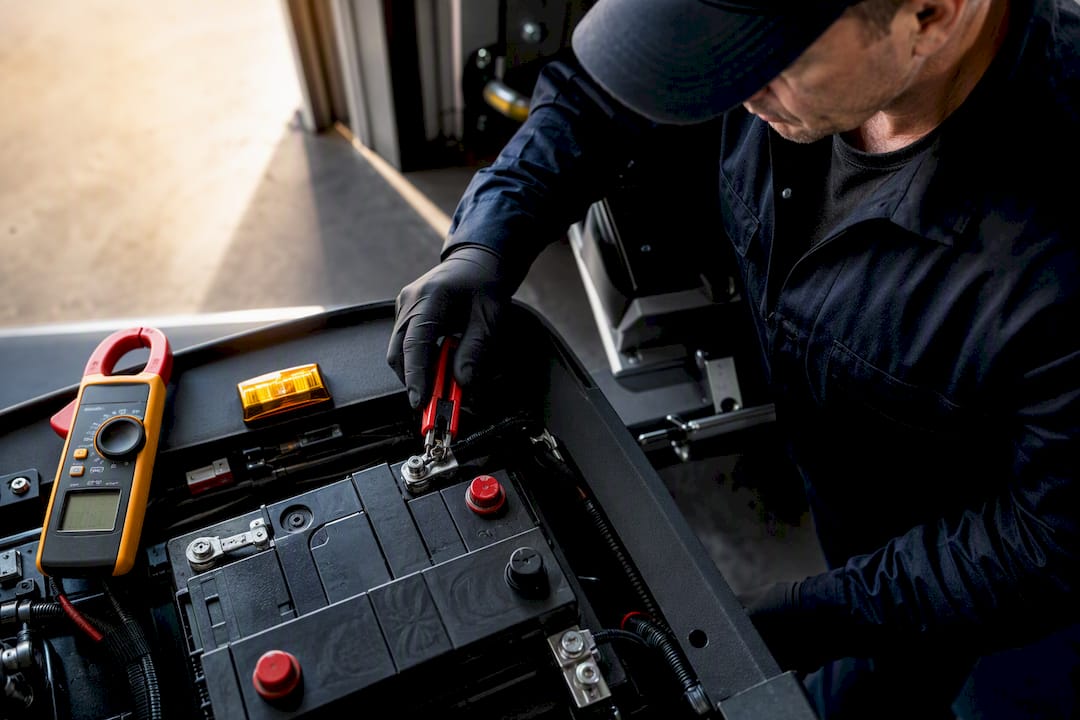Technician checking fleet battery wiring