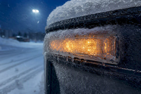 Iced warning light lens in snowfall