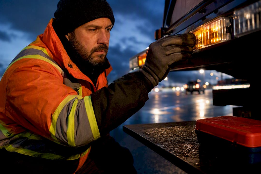 Tow operator checking roadside warning light