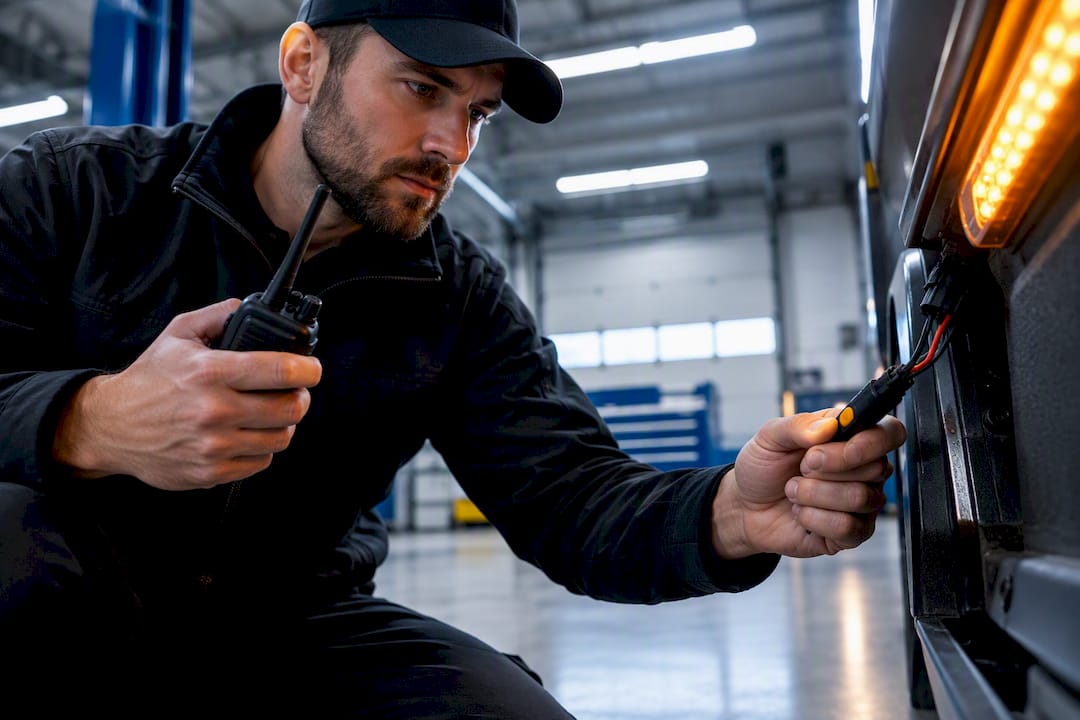 Technician testing radio noise near LED wiring