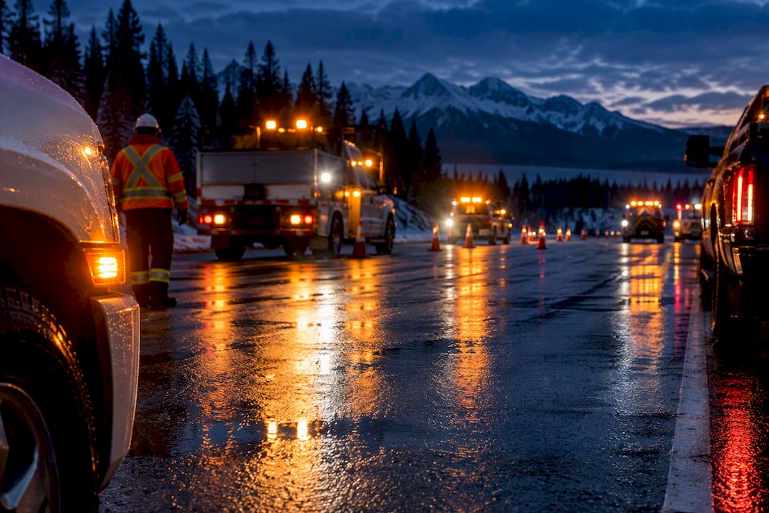 Coordinated fleet warning lights at dusk