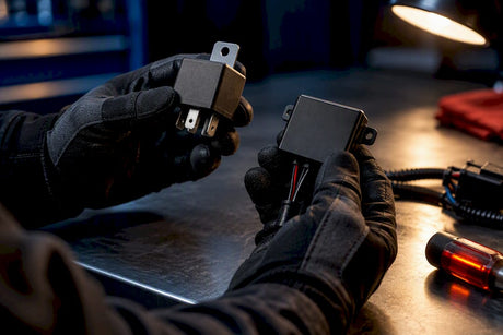 Technician comparing relay and solid-state flasher components