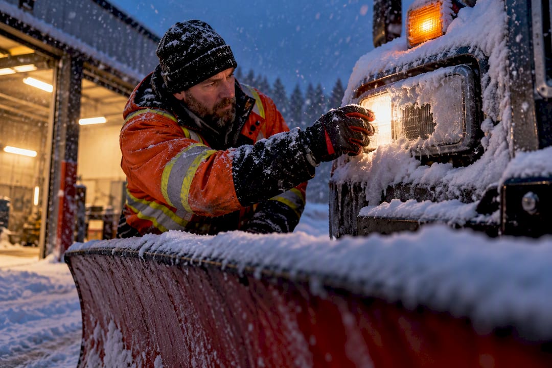 Snow plow lamp lens shedding ice in snowfall