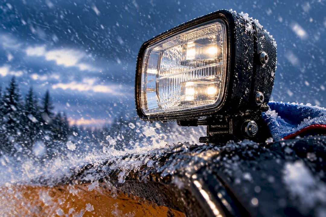 Heated snowplow lamp lens in falling snow