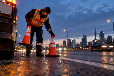 Roadside worker placing safety cones