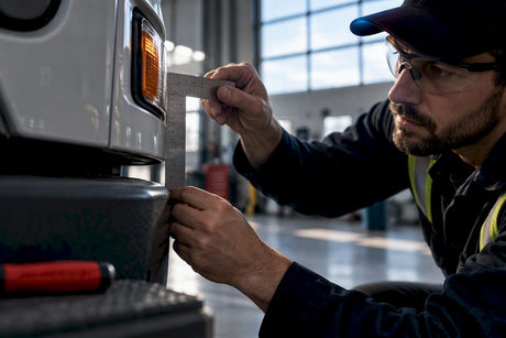 Technician checking commercial vehicle lamp placement