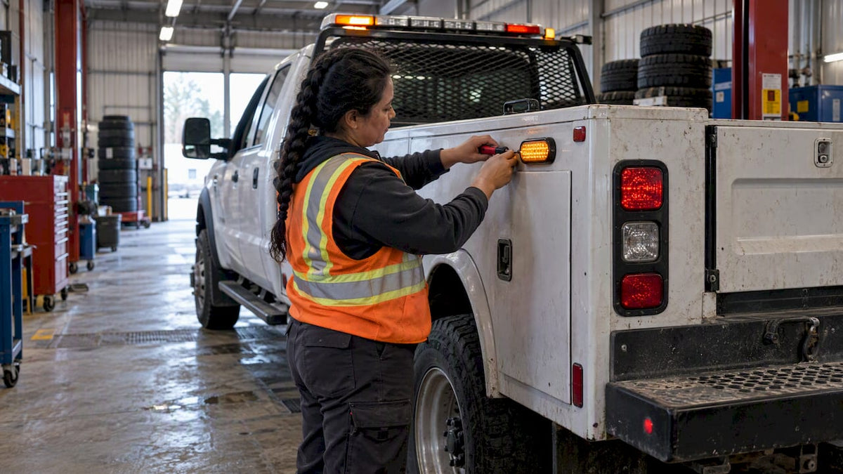 Technician mounting warning lights on fleet truck