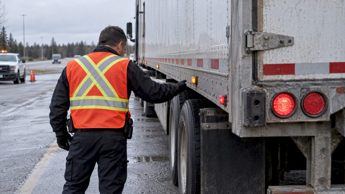 Inspector checking commercial truck lighting