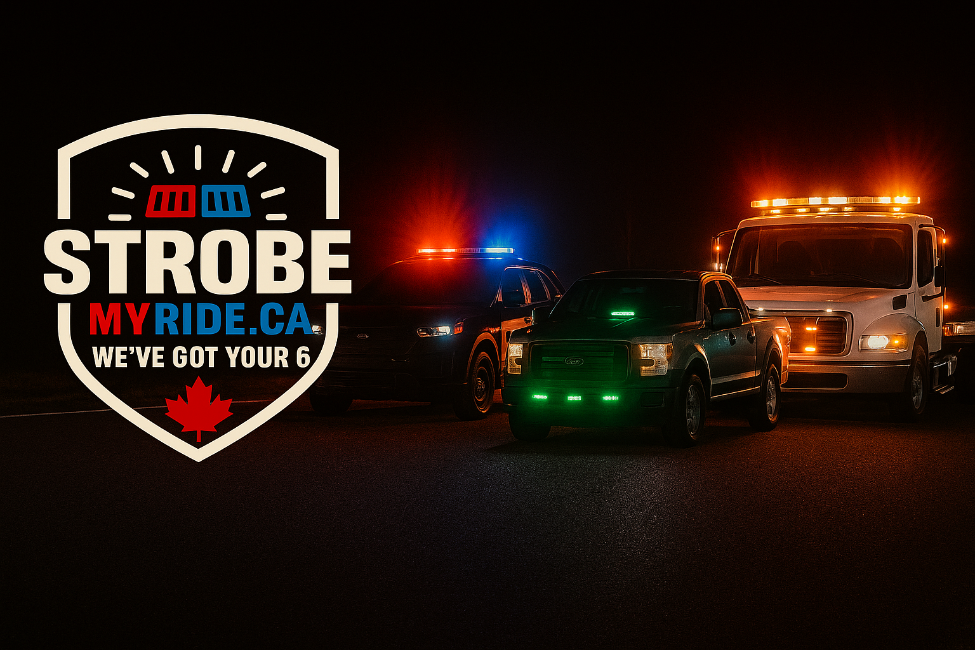Emergency vehicles with flashing lights on a dark background, featuring the Strobe My Ride logo.